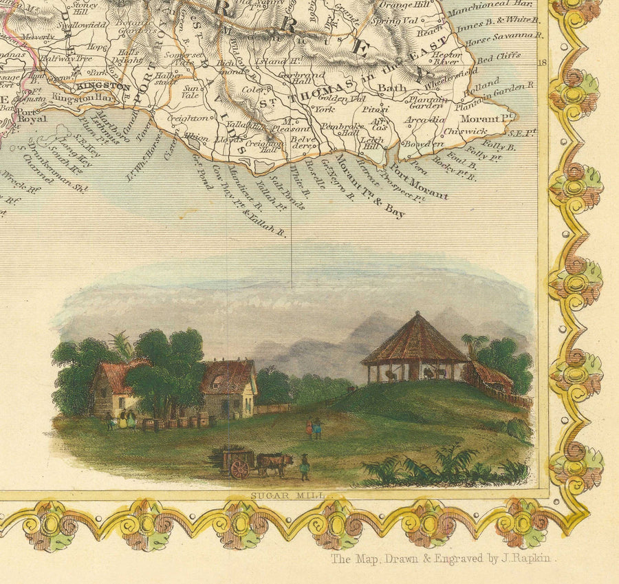 Old Map of Jamaica by Tallis and Rapkin in 1851 - Kingston, Portmore, Montego Bay, Black River, Savanna la Mar