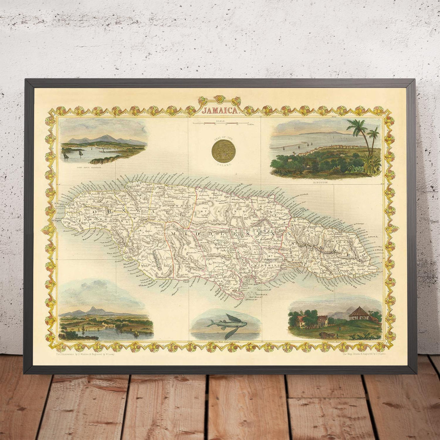 Alte Karte von Jamaika von Tallis und Rapkin aus dem Jahr 1851 – Kingston, Portmore, Montego Bay, Black River, Savanna la Mar