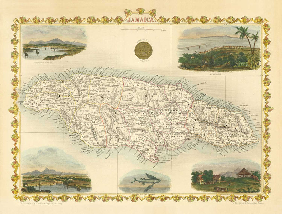 Old Map of Jamaica by Tallis and Rapkin in 1851 - Kingston, Portmore, Montego Bay, Black River, Savanna la Mar