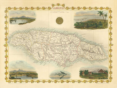 Ancienne carte de la Jamaïque par Tallis et Rapkin en 1851 - Kingston, Portmore, Montego Bay, Black River, Savanna la Mar