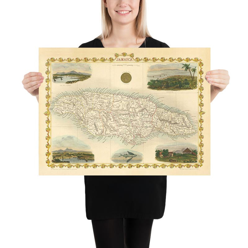 Old Map of Jamaica by Tallis and Rapkin in 1851 - Kingston, Portmore, Montego Bay, Black River, Savanna la Mar