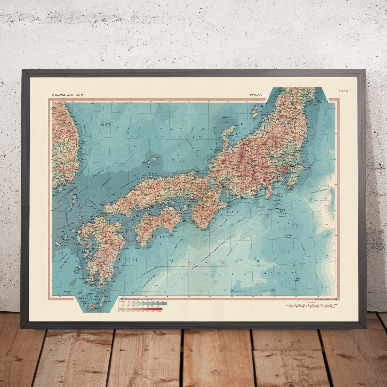 Old Map of Japan, 1967: Physical & Political Atlas Map of Honshu, Shik ...