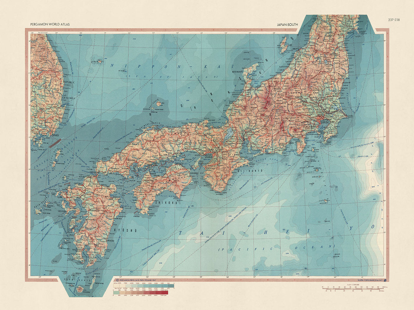 Ancienne carte du Japon par le service topographique de l'armée polonaise, 1967 : Honshu, Shikoku, Kyushu, Yamagata, représentation politique et physique détaillée