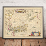 Old Map of Japan and Korea by Visscher, 1690: Tokyo, Osaka, Sapporo, Pyongyang, Mount Fuji