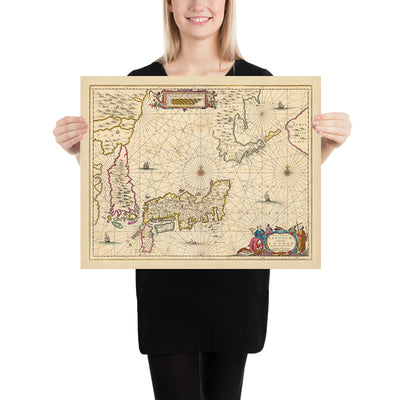 Old Map of Japan and Korea by Visscher, 1690: Tokyo, Osaka, Sapporo, Pyongyang, Mount Fuji