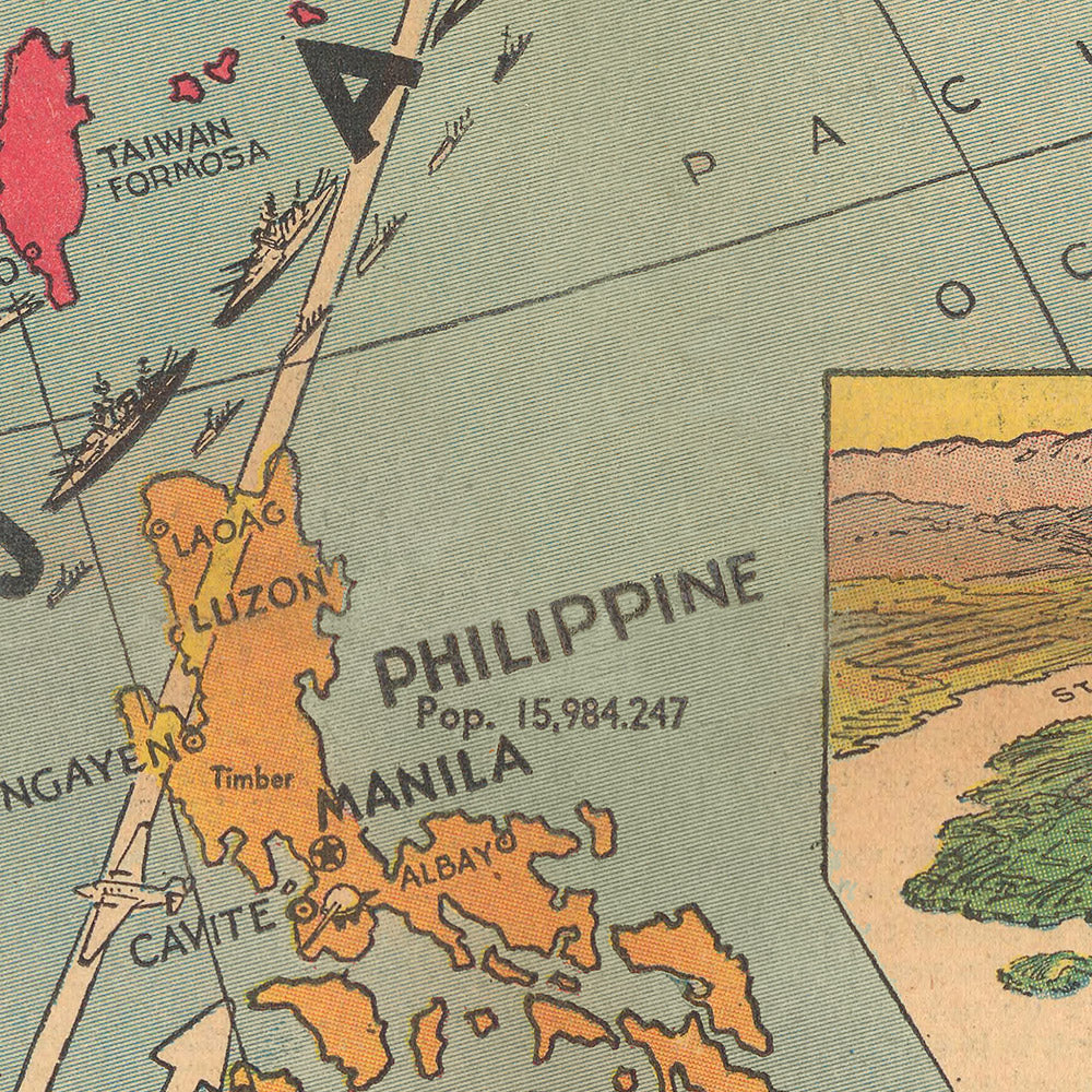 Old Pictorial Map of Japan vs. Dutch East Indies Colonies in World War 2, 1940