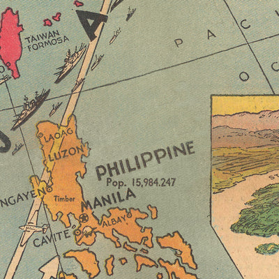 Antiguo mapa de Japón frente a las colonias holandesas en la Segunda Guerra Mundial por Burke, 1940: riesgos estratégicos, estilo pictórico, tensiones globales