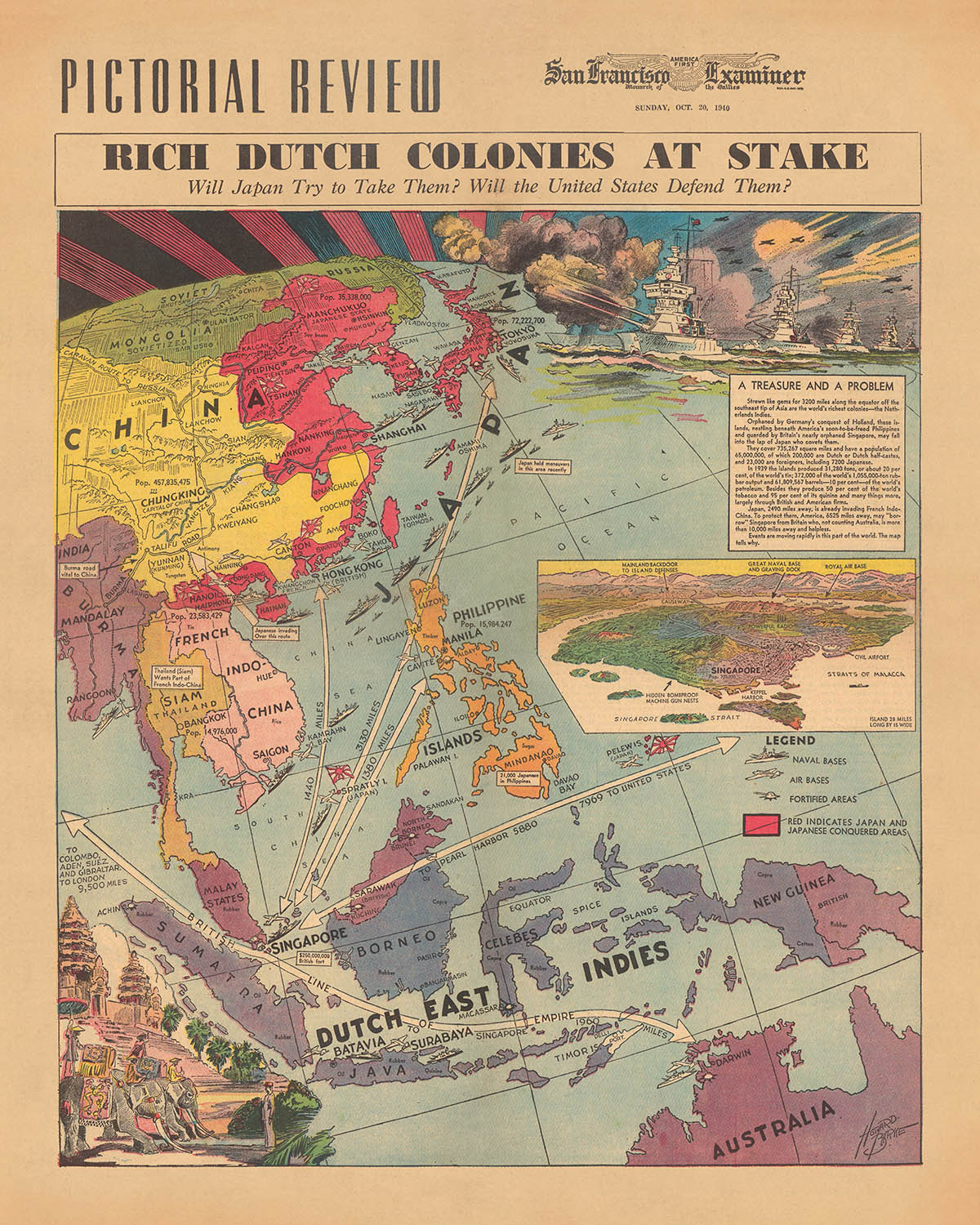 Old Pictorial Map of Japan vs. Dutch East Indies Colonies in World War 2, 1940