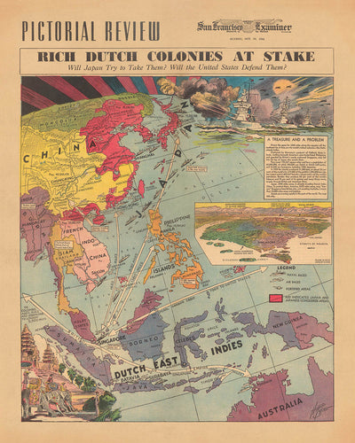 Antiguo mapa de Japón frente a las colonias holandesas en la Segunda Guerra Mundial por Burke, 1940: riesgos estratégicos, estilo pictórico, tensiones globales