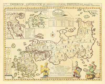Old Map of Japan by Engelbert Kaempfer, 1727: Edo, Kyoto, Osaka, Nagasaki, Nagoya