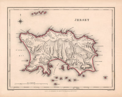 Mapa antiguo de Jersey de Samuel Lewis, 1844: St. Helier, St. Brelade, St. Clement, St. John, St. Lawrence