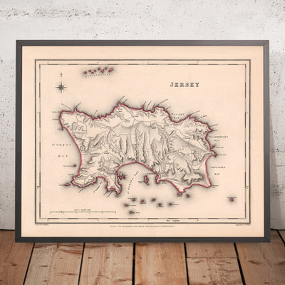 Ancienne carte de Jersey par Samuel Lewis, 1844 : Saint-Hélier, Saint-Brélade, Saint-Clément, Saint-Jean, Saint-Laurent