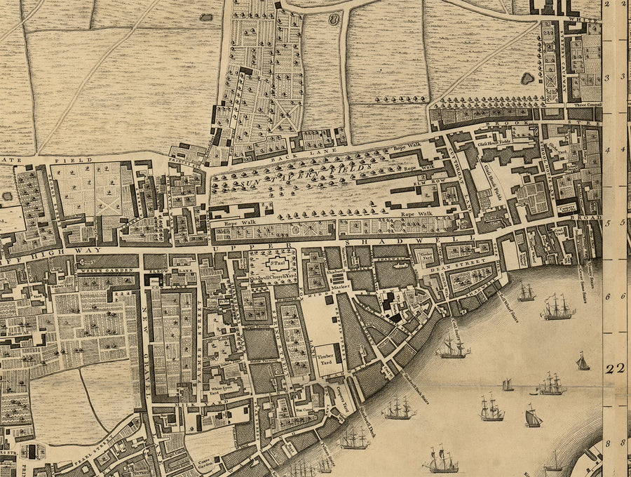 Vollständige große Karte von London im Jahr 1746 von John Rocque 