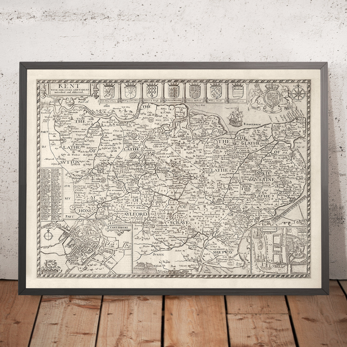 Old Map of Kent, 1611 by John Speed - Canterbury, Maidstone, Bromley, Tunbridge, Margate