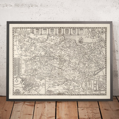 Old Map of Kent, 1611 by John Speed - Canterbury, Maidstone, Bromley, Tunbridge, Margate