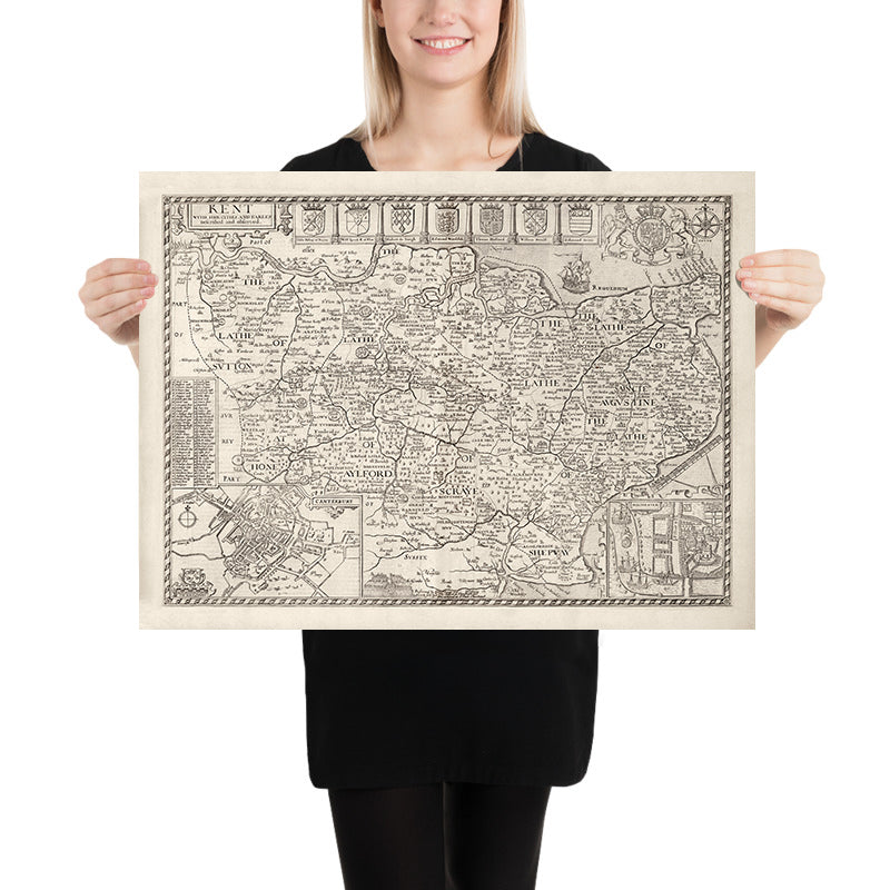Old Map of Kent, 1611 by John Speed - Canterbury, Maidstone, Bromley, Tunbridge, Margate