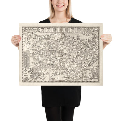 Old Map of Kent, 1611 by John Speed - Canterbury, Maidstone, Bromley, Tunbridge, Margate