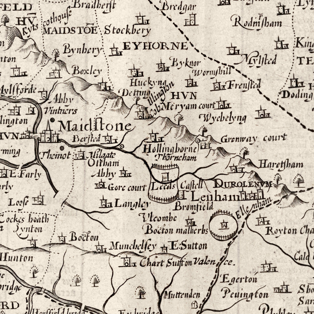 Old Map of Kent, 1611 by John Speed - Canterbury, Maidstone, Bromley, Tunbridge, Margate