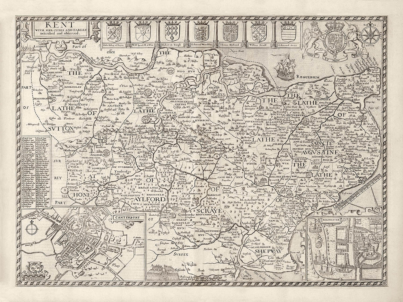 Old Map of Kent, 1611 by John Speed - Canterbury, Maidstone, Bromley, Tunbridge, Margate
