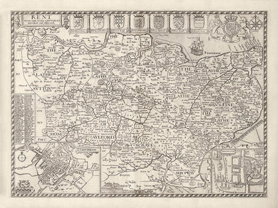 Old Map of Kent, 1611 by John Speed - Canterbury, Maidstone, Bromley, Tunbridge, Margate