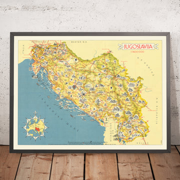 Vecchia mappa pittorica della Jugoslavia di Kopac, 1959: Belgrado, Zagabria, Mare Adriatico, Castelli, Montagne 