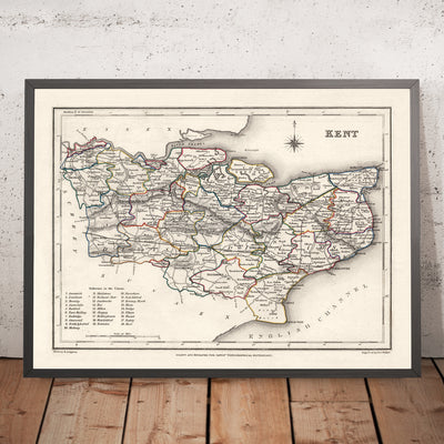 Mapa antiguo de Kent por Samuel Lewis, 1844: Maidstone, Gillingham, Ashford, Royal Tunbridge Wells y Margate 
