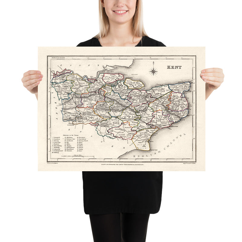 Mapa antiguo de Kent por Samuel Lewis, 1844: Maidstone, Gillingham, Ashford, Royal Tunbridge Wells y Margate 