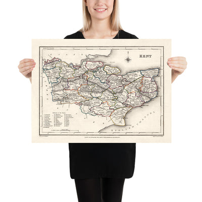 Mapa antiguo de Kent por Samuel Lewis, 1844: Maidstone, Gillingham, Ashford, Royal Tunbridge Wells y Margate 