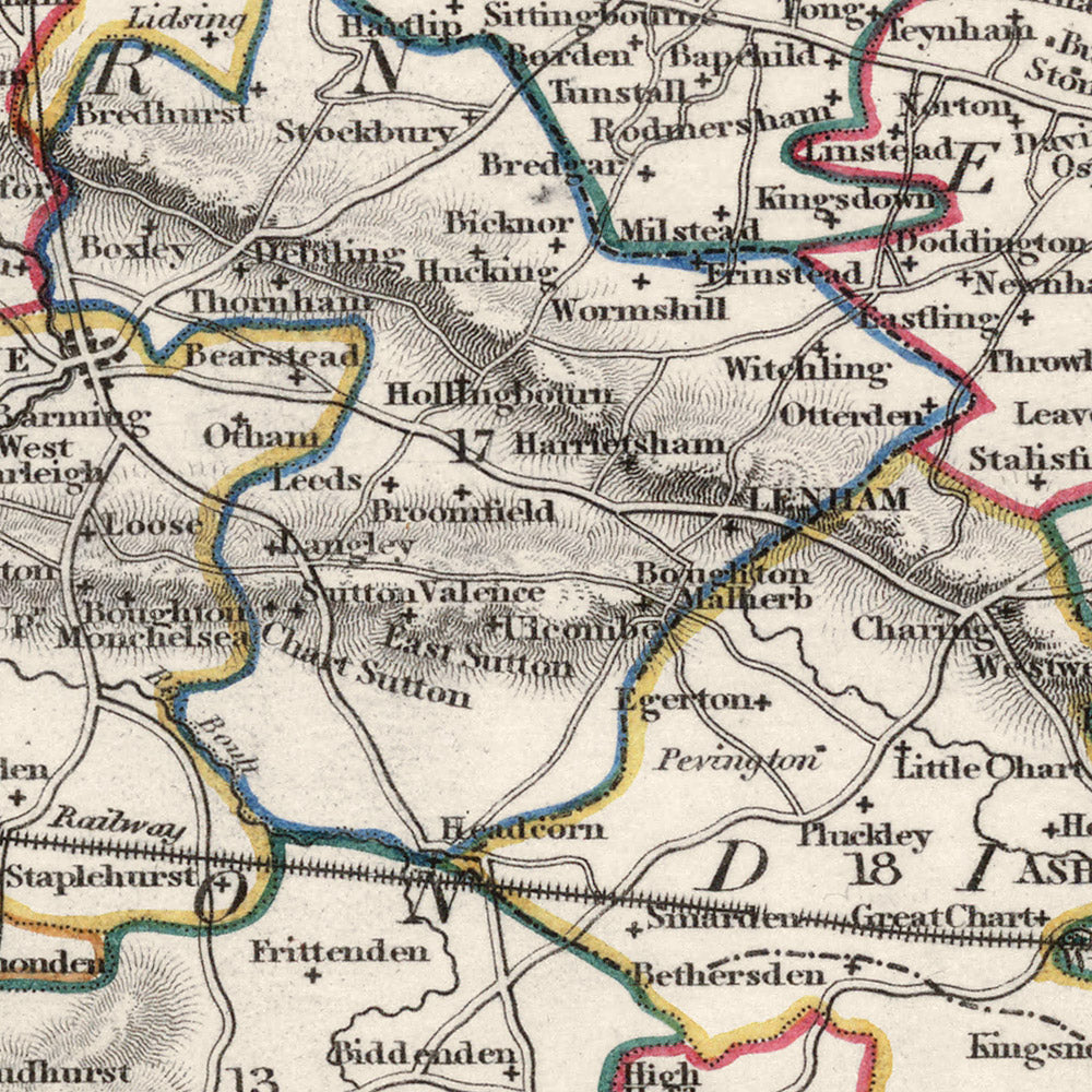 Mapa antiguo de Kent por Samuel Lewis, 1844: Maidstone, Gillingham, Ashford, Royal Tunbridge Wells y Margate 