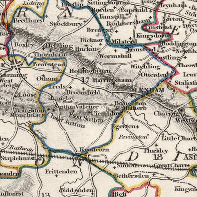 Mapa antiguo de Kent por Samuel Lewis, 1844: Maidstone, Gillingham, Ashford, Royal Tunbridge Wells y Margate 