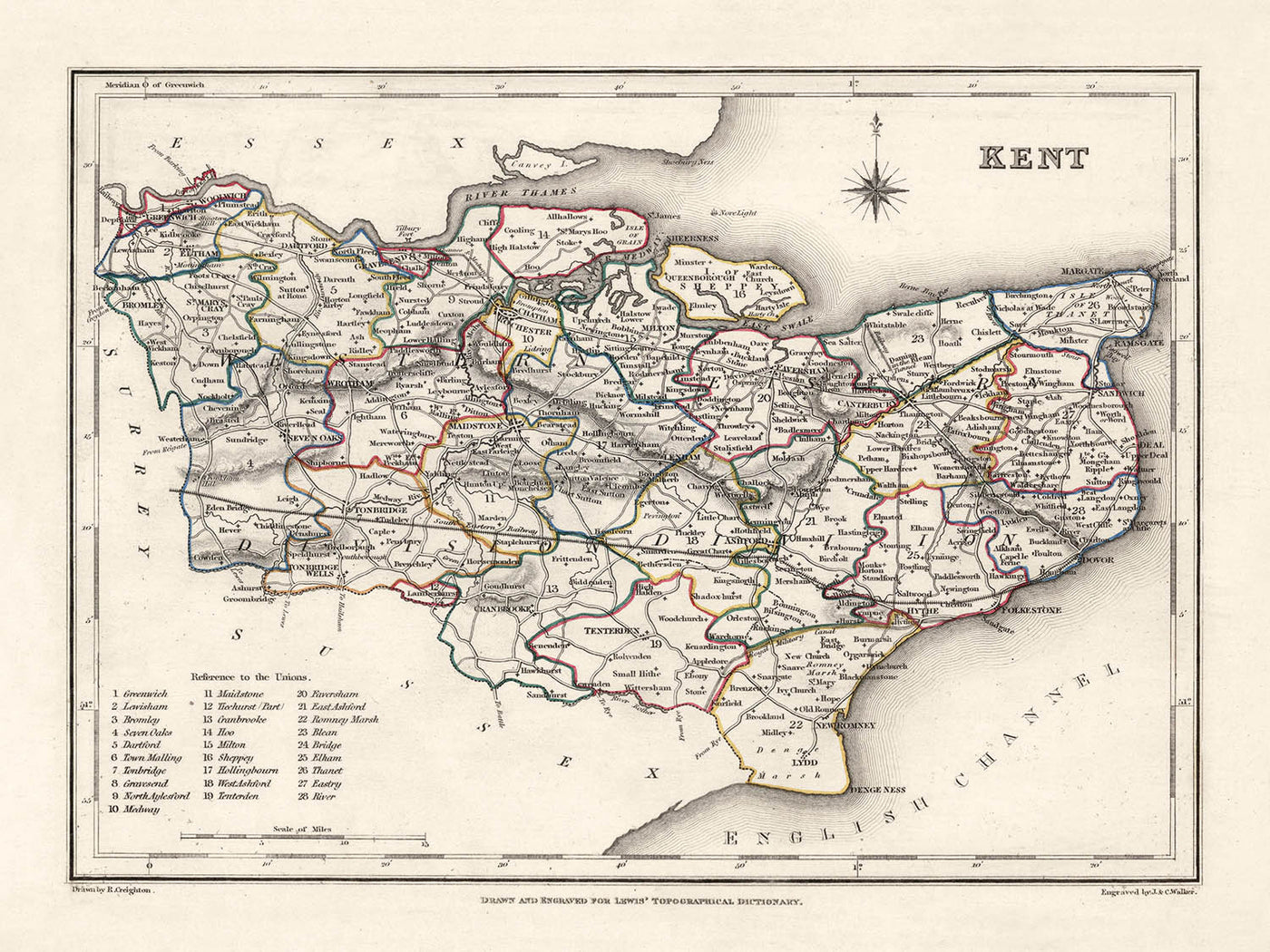 Mapa antiguo de Kent por Samuel Lewis, 1844: Maidstone, Gillingham, Ashford, Royal Tunbridge Wells y Margate 