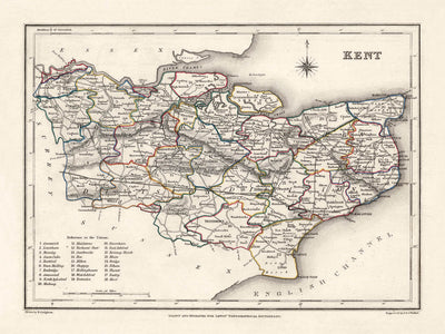 Mapa antiguo de Kent por Samuel Lewis, 1844: Maidstone, Gillingham, Ashford, Royal Tunbridge Wells y Margate 