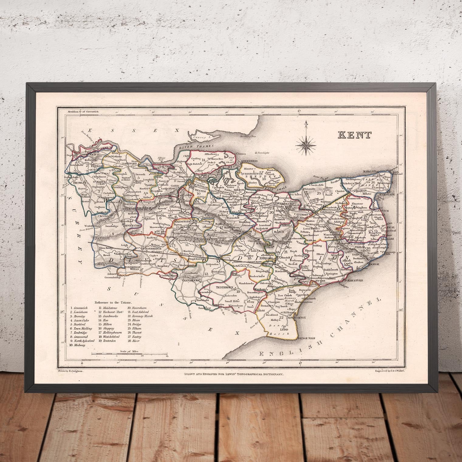 Old Map of Kent by Samuel Lewis, 1844: Maidstone, Gillingham, Ashford ...