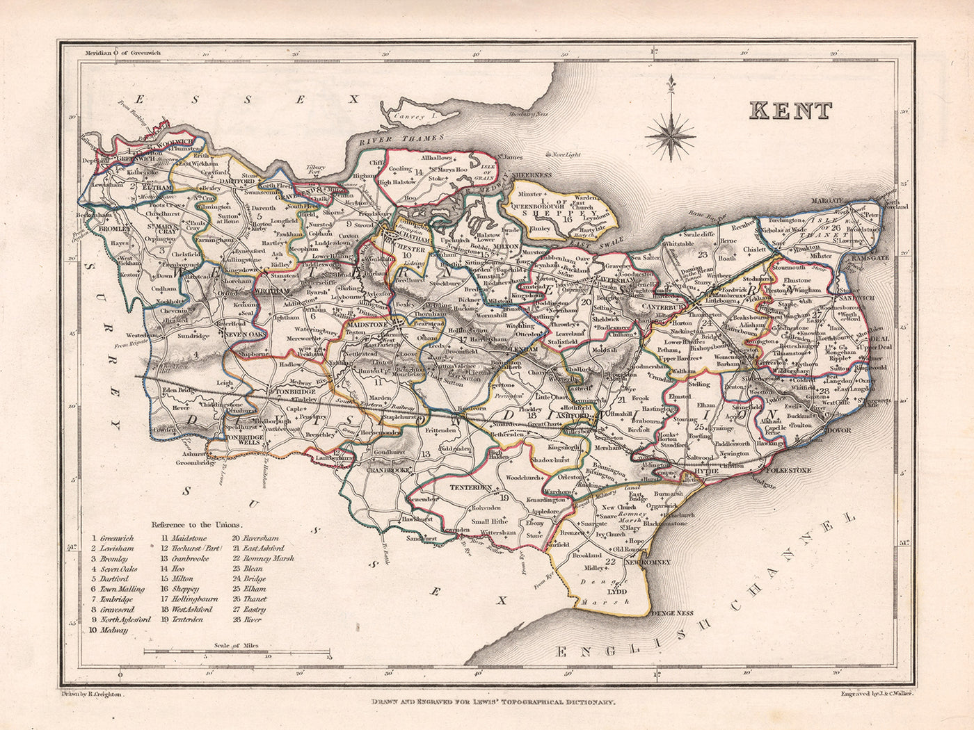 Old Map of Kent by Samuel Lewis, 1844: Maidstone, Gillingham, Ashford ...