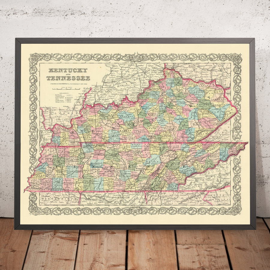 Mappa antica del Kentucky e del Tennessee di J. H. Colton, 1855: Louisville, Lexington, Frankfort, Covington e Bowling Green 