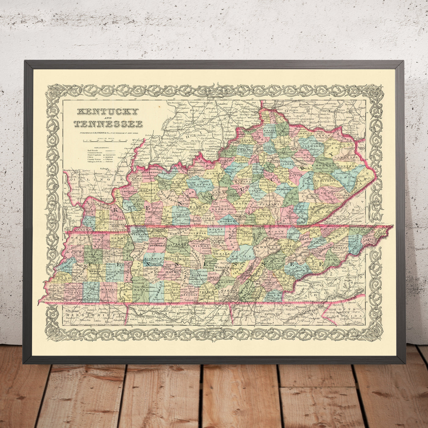 Mapa antiguo de Kentucky por JH Colton, 1855: Louisville, Lexington, Frankfort, Covington y Bowling Green