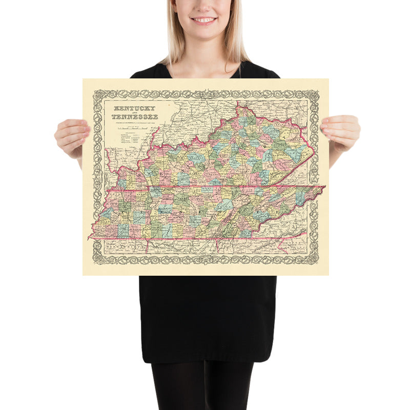 Mappa antica del Kentucky e del Tennessee di J. H. Colton, 1855: Louisville, Lexington, Frankfort, Covington e Bowling Green 