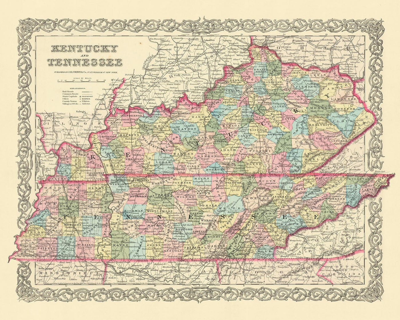 Ancienne carte du Kentucky par JH Colton, 1855 : Louisville, Lexington, Francfort, Covington et Bowling Green