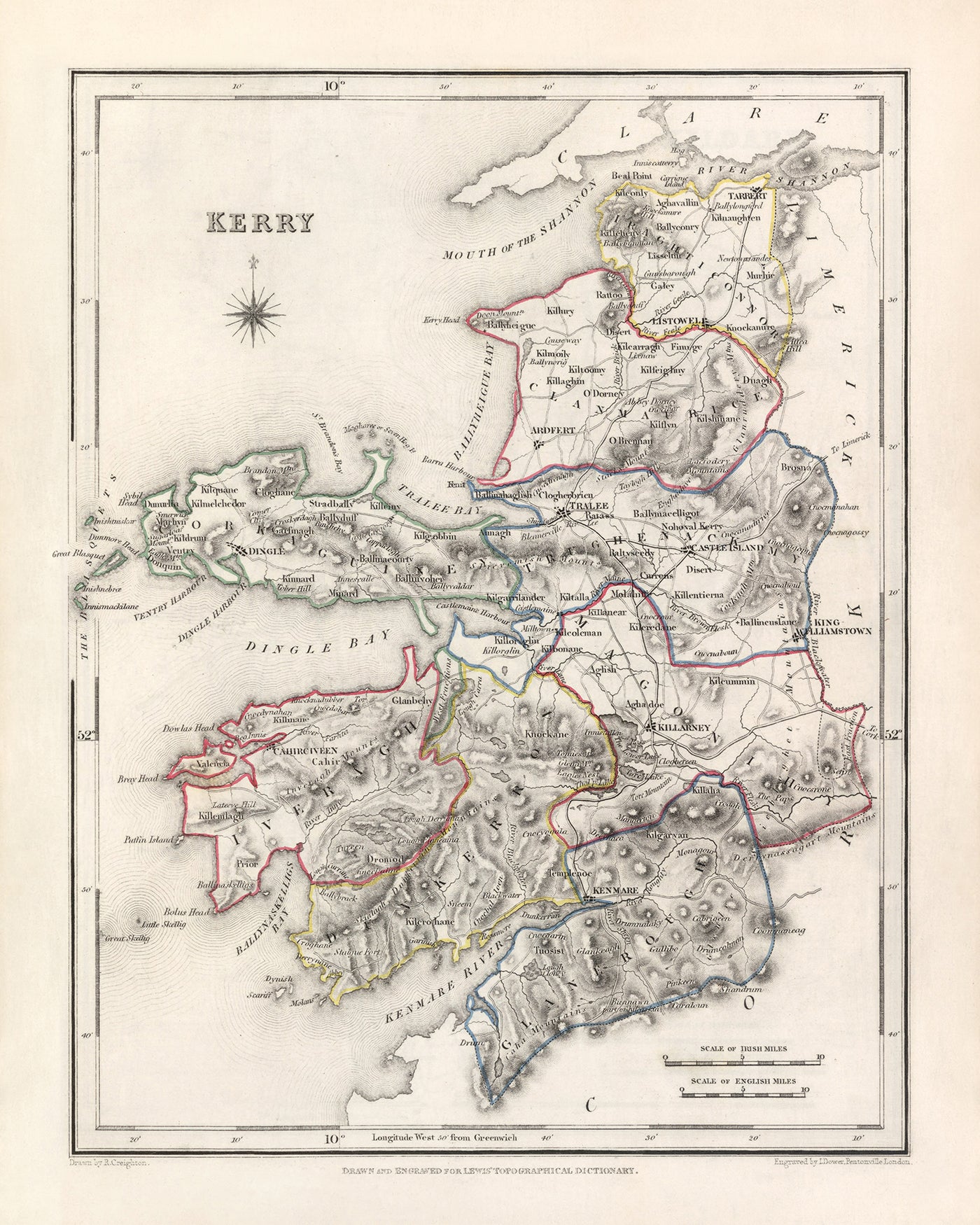 Ancienne carte du comté de Kerry par Samuel Lewis, 1844 : Tralee, Killarney, Dingle, Kenmare et Listowel