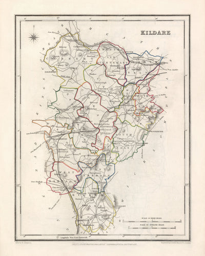 Alte Karte der Grafschaft Kildare von Samuel Lewis, 1844: Naas, Athy, Maynooth, Newbridge, Curragh