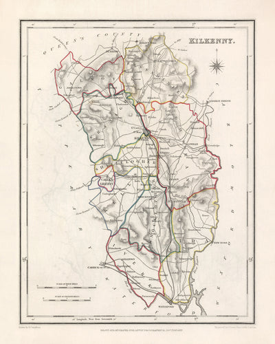 Mapa antiguo del condado de Kilkenny por Samuel Lewis, 1844: Thomastown, Callan, Castlecomer, Graiguenamanagh, Jerpoint Abbey