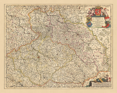 Ancienne carte du royaume de Bohême par Visscher, 1690 : Prague, Brno, Ostrava, Wroclaw, Poznań