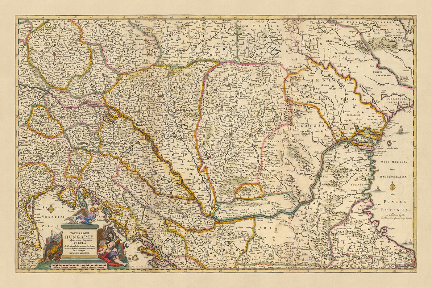 Ancienne carte du Royaume de Hongrie par Visscher, 1690 : Budapest, Vienne, Zagreb, Bucarest, Bratislava