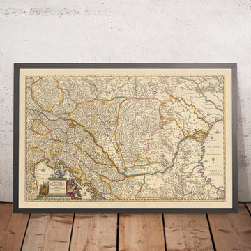 Mapa antiguo del Reino de Hungría por Visscher, 1690: Budapest, Viena, Zagreb, Bucarest, Bratislava