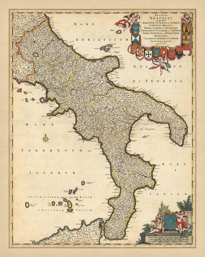 Antiguo mapa del Reino de Nápoles por Visscher, 1690: Nápoles, Bari, Messina, Salerno, Parco Nazionale del Gargano
