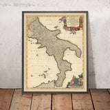 Ancienne carte du royaume de Naples, Italie par Visscher, 1690 : Naples, Bari, Messine, Salerne, Parc national du Gargano 