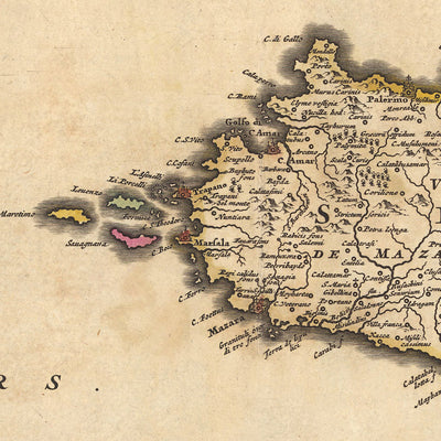 Antiguo mapa del Reino de Sicilia por Visscher, 1690: Palermo, Catania, Túnez, Malta, Parco dell'Etna