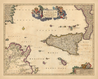Ancienne carte du royaume de Sicile par Visscher, 1690 : Palerme, Catane, Tunis, Malte, Parco dell'Etna
