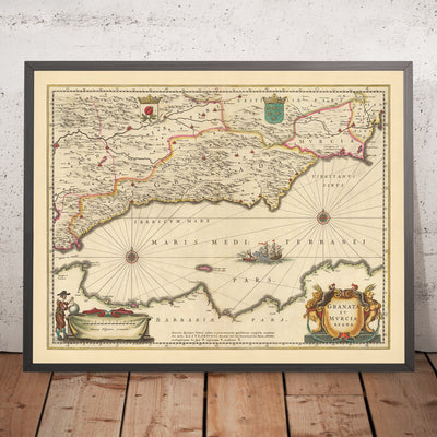 Mapa antiguo de los Reinos de Granada y Murcia, España por Visscher, 1690: Málaga, Gibraltar, Sevilla, Murcia, Tánger