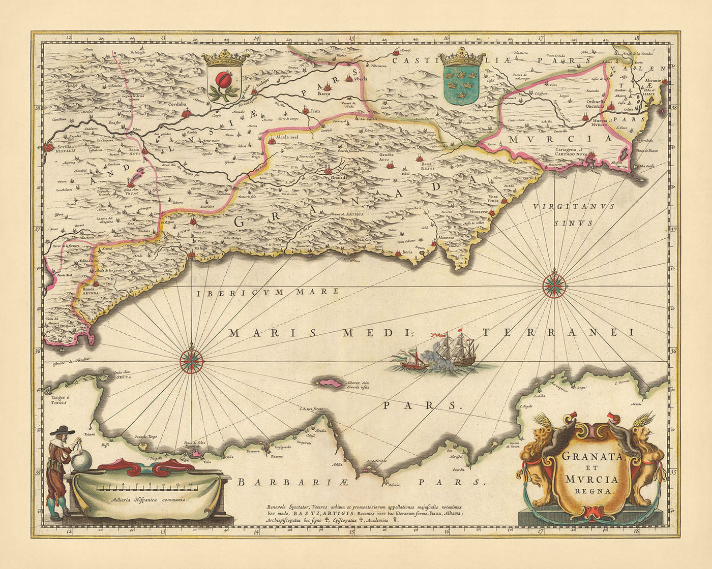 Mapa antiguo de los Reinos de Granada y Murcia, España por Visscher, 1690: Málaga, Gibraltar, Sevilla, Murcia, Tánger